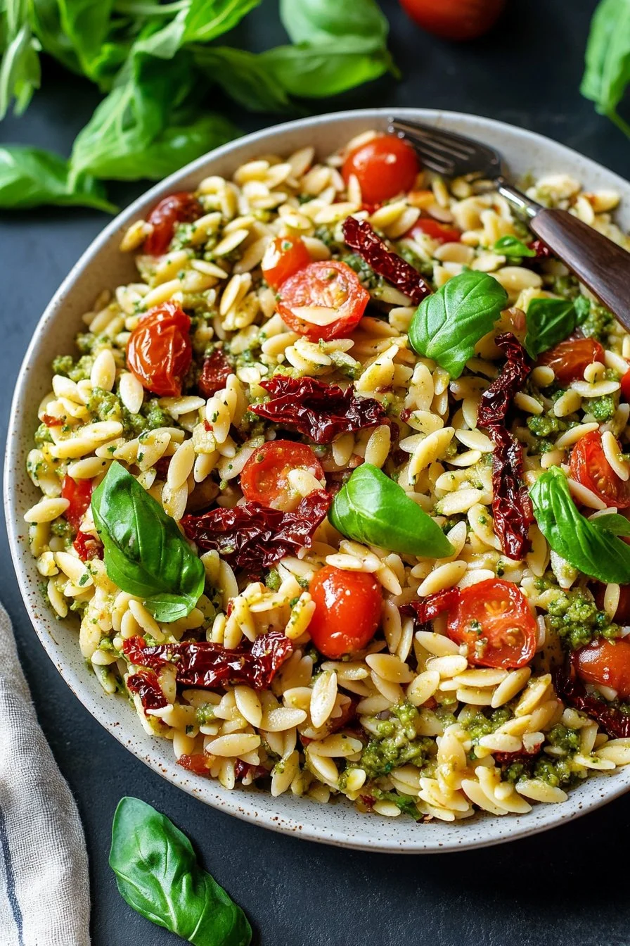 Sałatka z orzo, suszonymi pomidorami i pesto