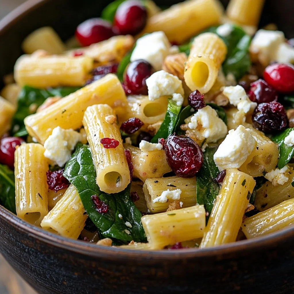 Sałatka z rigatoni z fetą, żurawiną i dressingiem cytrynowym na talerzu