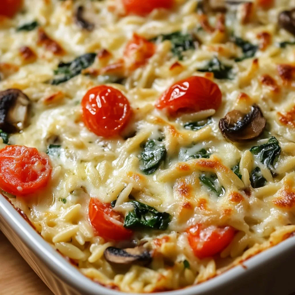 Serowe pieczone orzo z warzywami na talerzu, zdrowe danie roślinne