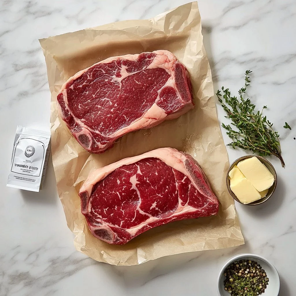 Stek ribeye gotowany na kuchence z zielonymi przyprawami na talerzu
