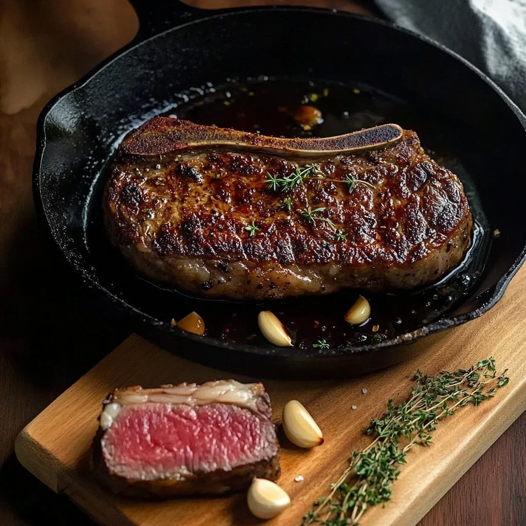 Stek ribeye smażony na patelni z aromatycznymi przyprawami