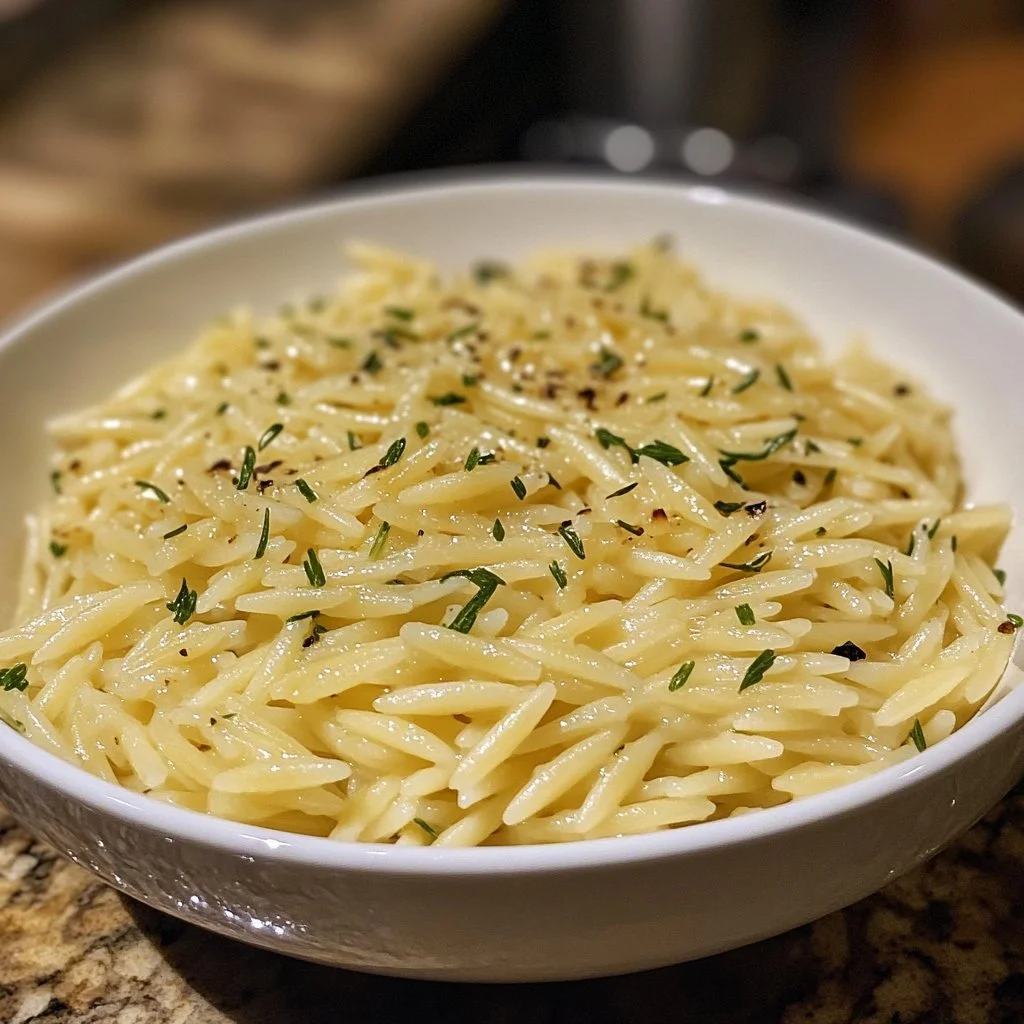 Toskański Orzo z Czosnkiem w talerzu, przygotowane z świeżych składników
