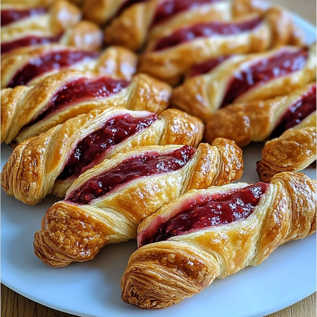 Tasty twists made of puff pastry with raspberries on a plate