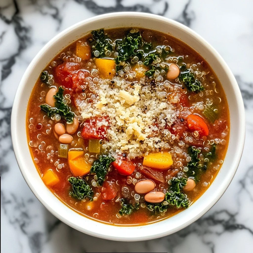 Zdrowa zupa warzywna z quinoa w misce z świeżymi składnikami