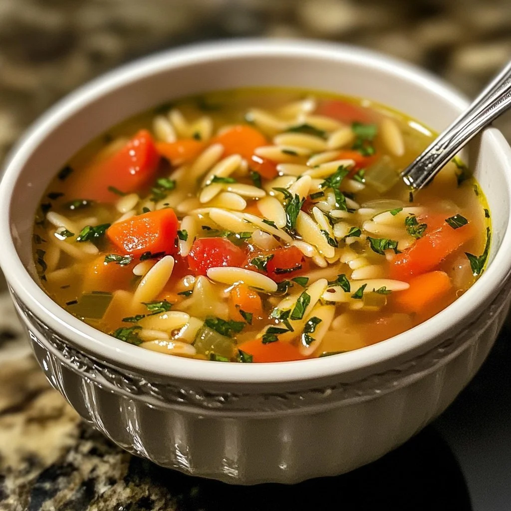 Zupa warzywna z orzo w misce, dekorowana świeżymi ziołami