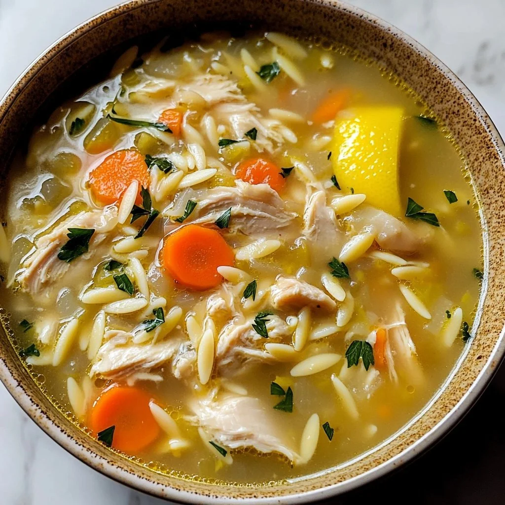 Zupa z kurczaka z cytryną i orzo, podana w misce na stole