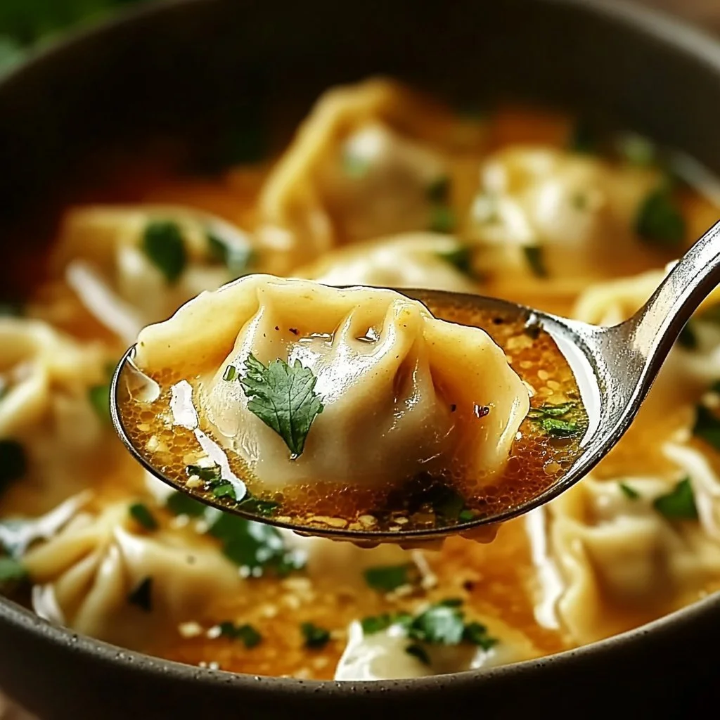 Zupa z tajskich pierożków podana w misce z świeżymi ziołami.
