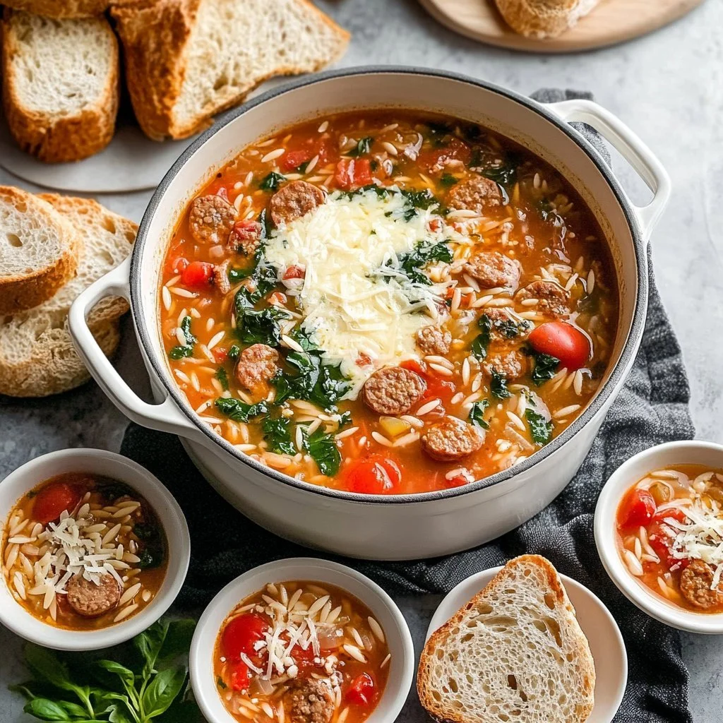 Zupa orzo z włoską kiełbasą i orzechami w garnku.