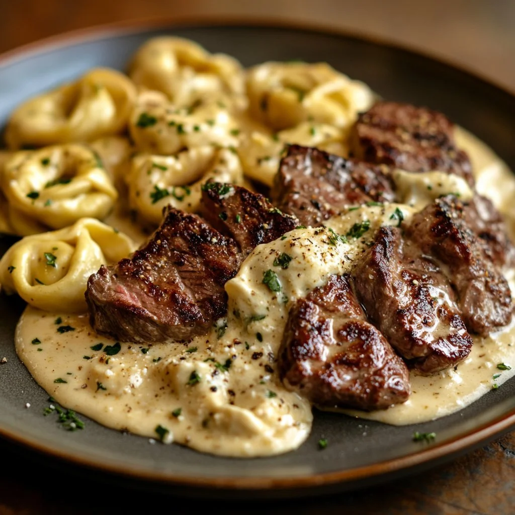 Cebulowo-Masło Stek z Serowymi Tortellini Alfredo na talerzu