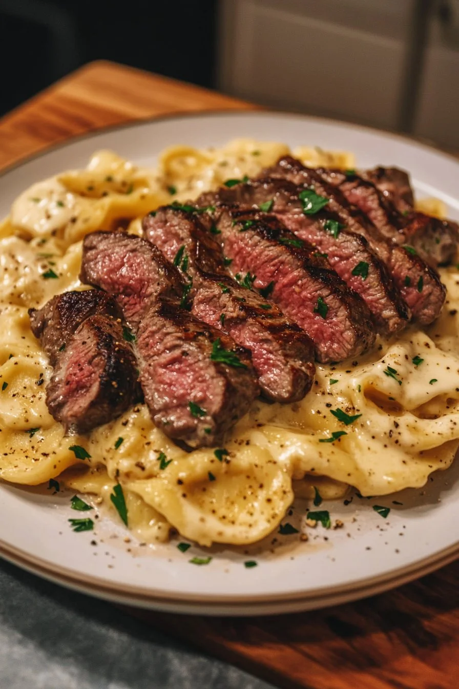 Cebulowo-Masło Stek z Serowymi Tortellini Alfredo