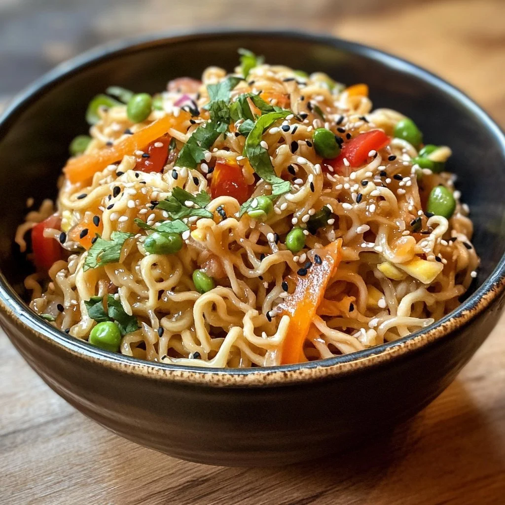Chrupiąca azjatycka sałatka z makaronem ramen podana na talerzu