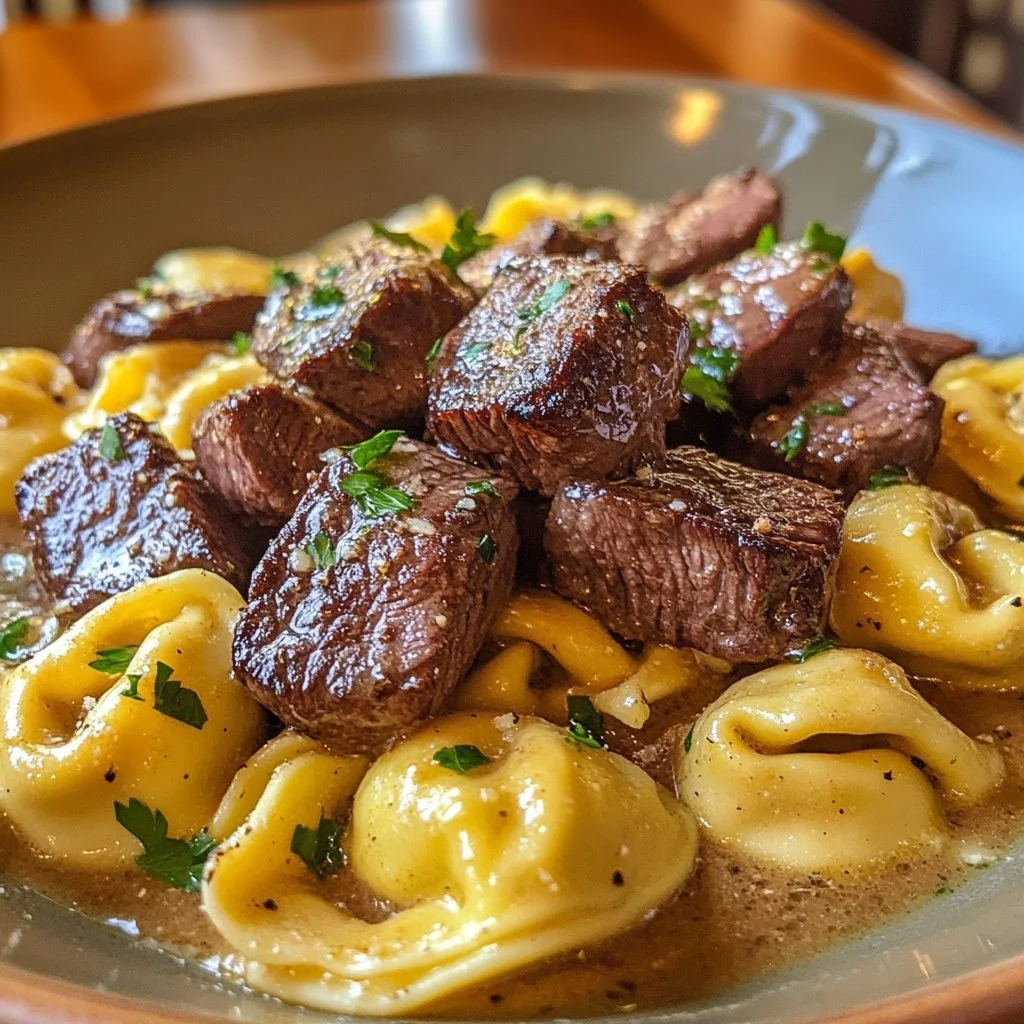 Cowboy Masło Tortellini z kawałkami steku, smaczne i sycące danie.