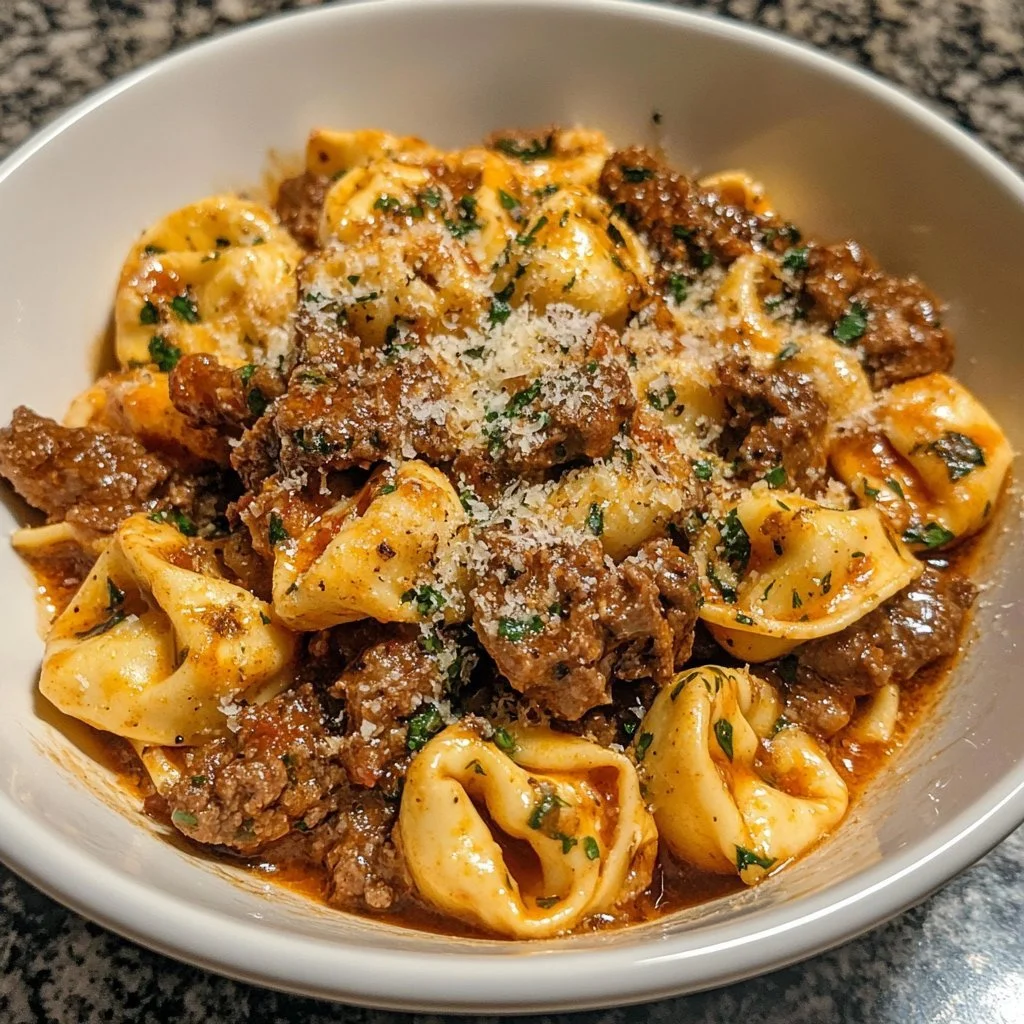 Crock Pot cheesesteak tortellini z wołowiną i serem