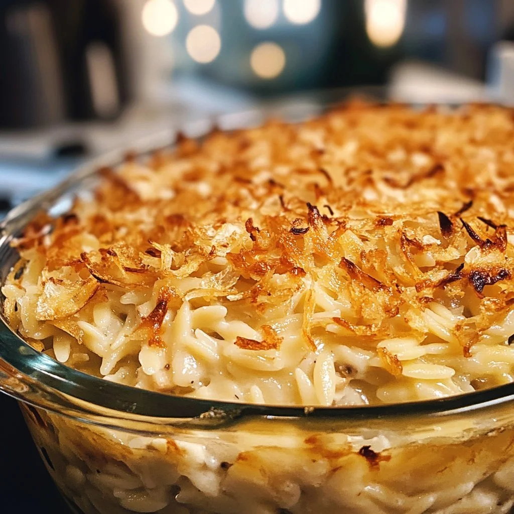 Francuska cebulowa zapiekanka z kurczakiem i orzo na talerzu