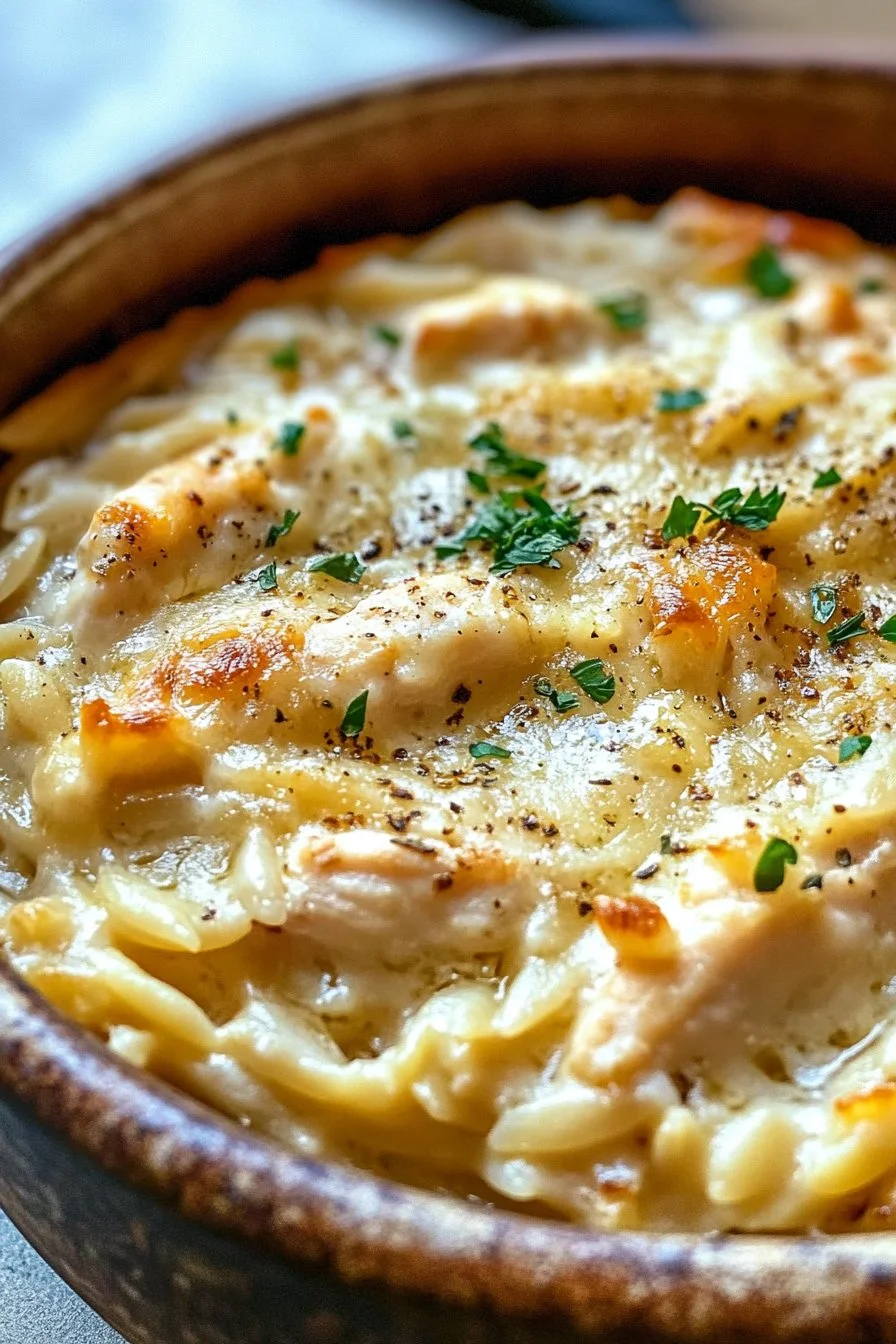 Francuska cebulowa zapiekanka z kurczakiem i orzo
