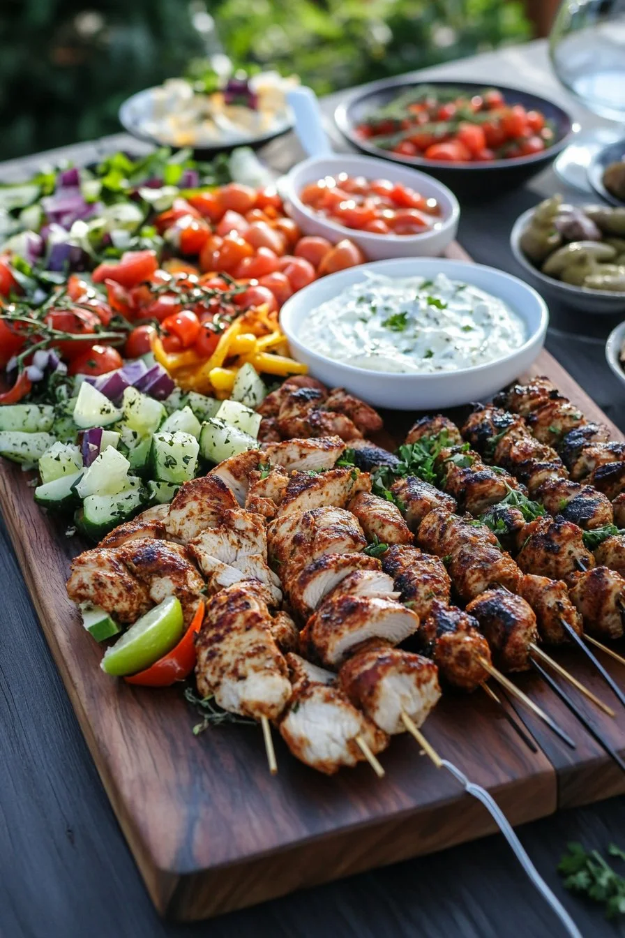 Grecian Plate Chicken Souvlaki with Feta Dip - Mediterranean Feast to Share