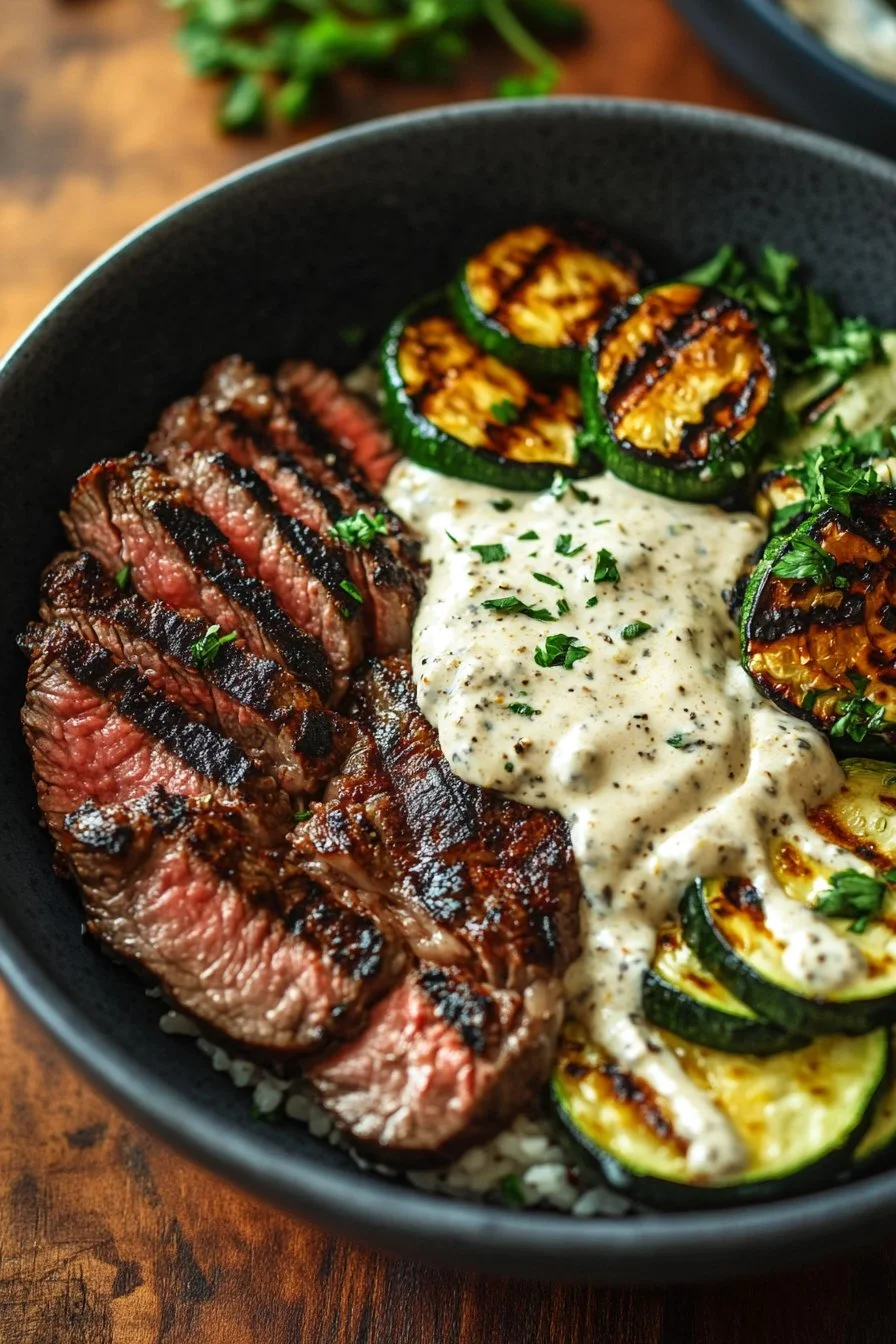 Grilled Steak Bowl z Kremowym Sosem i Grilowanymi Cukiniami
