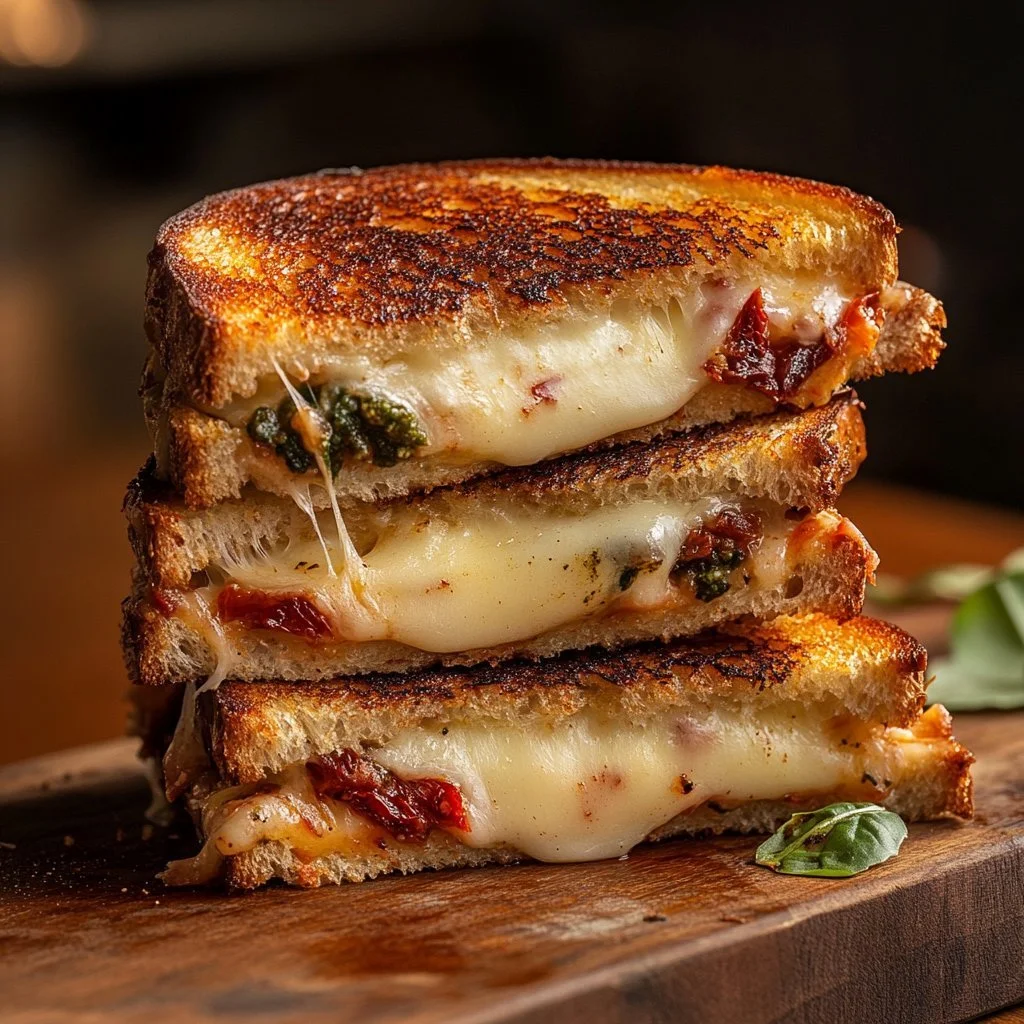 Grillowana kanapka serowa z pesto na talerzu