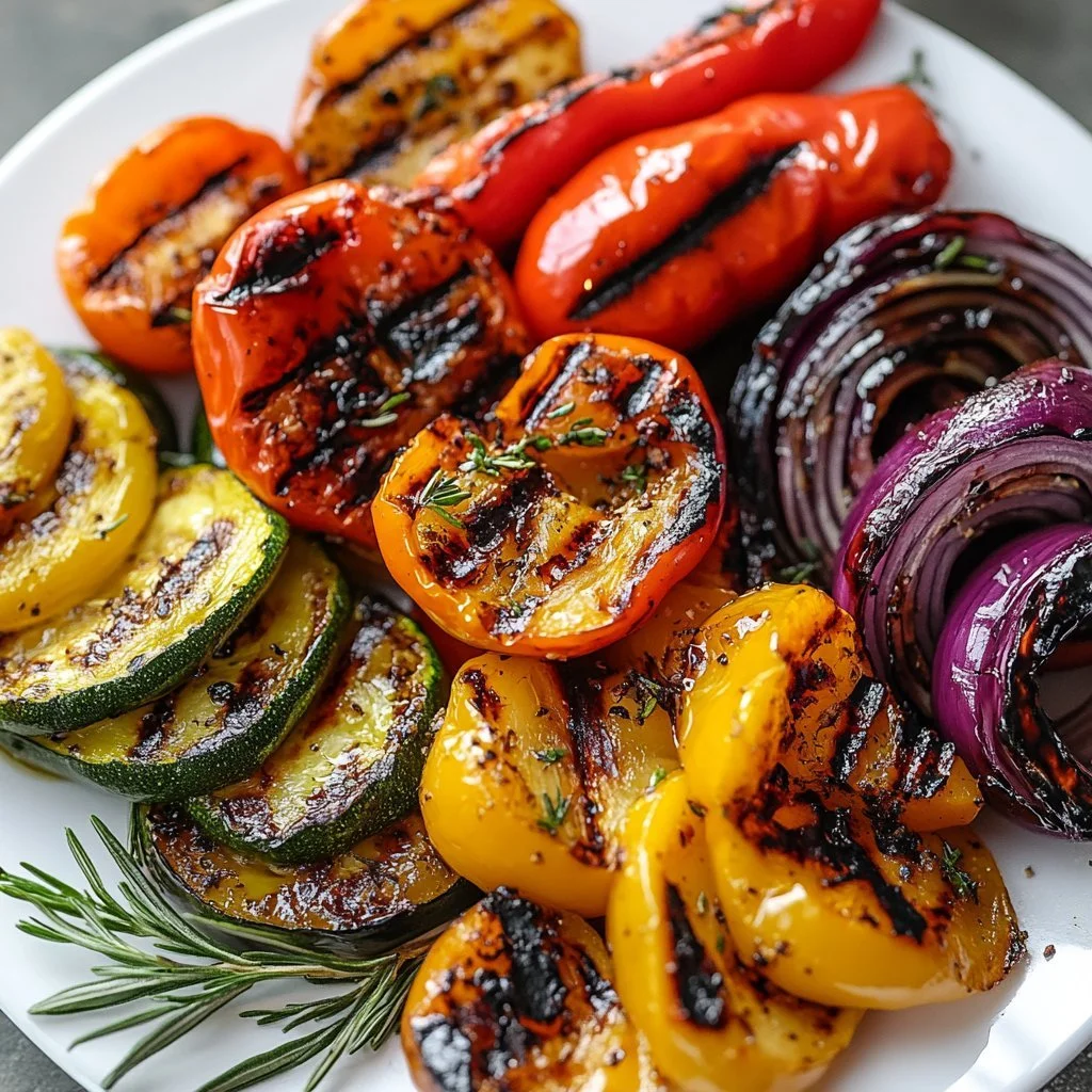 Grillowane warzywa balsamiczne na talerzu, idealne na letnie przyjęcia.