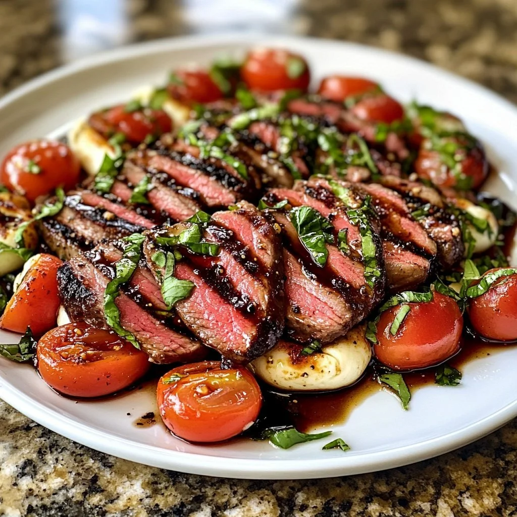 Grillowany Stek Flankowy Caprese z świeżymi składnikami i dressingiem balsamicznym