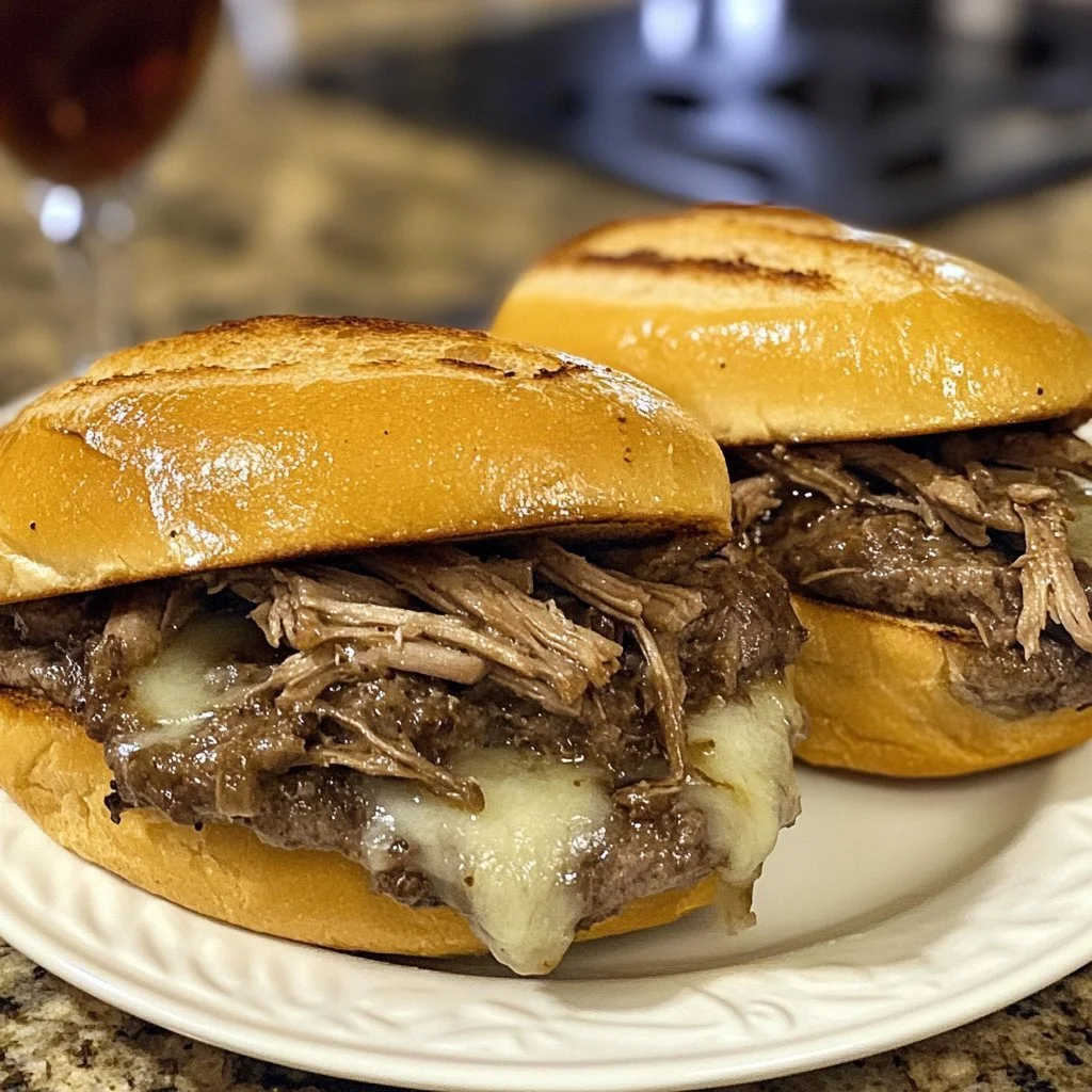 Pyszne kanapki French Dip z wolnowaru z soczystym mięsem i pysznym sosem.