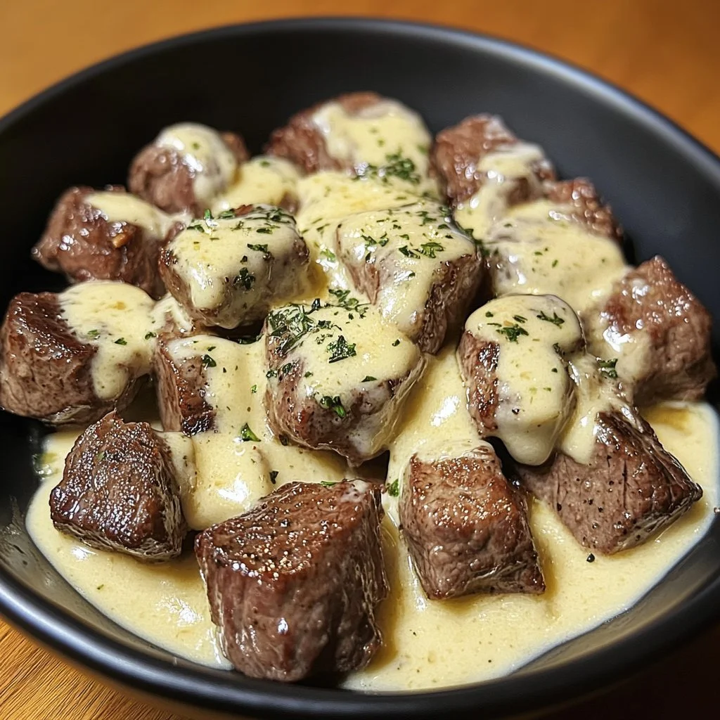 Kawałki steku w maśle czosnkowym z sosem śmietanowym i parmezanem