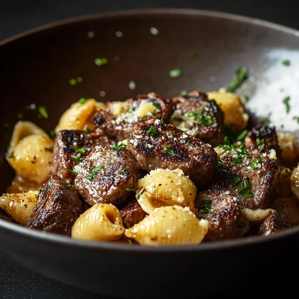 Kęs Steku w Maśle Czosnkowym z Kremowymi Muszelkami Parmeńskimi na talerzu