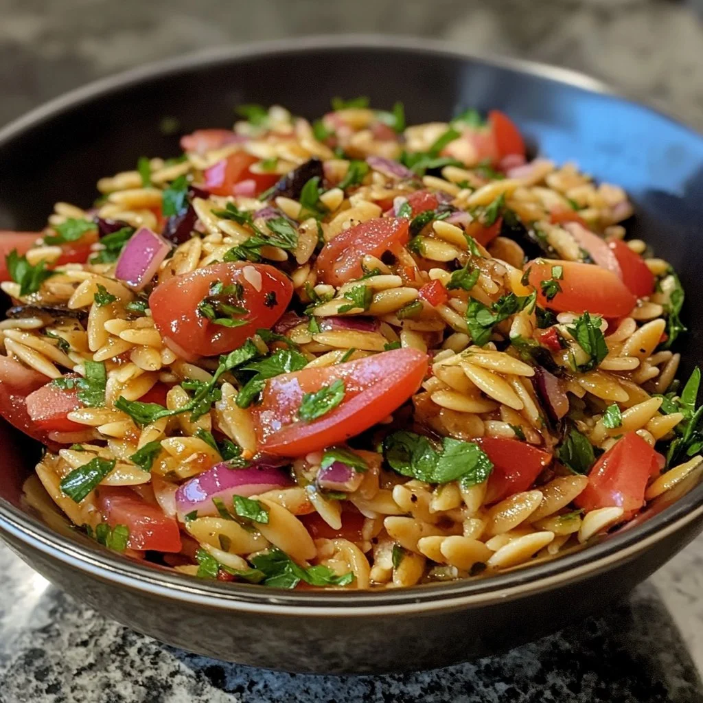 Klasyczna sałatka z orzo i balsamico na białym talerzu