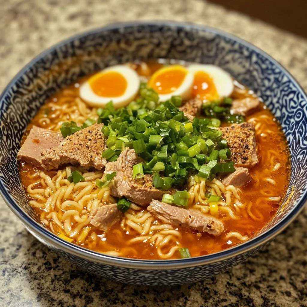 Kluski ramen z wolnowaru na talerzu, podane z aromatycznym bulionem i dodatkami