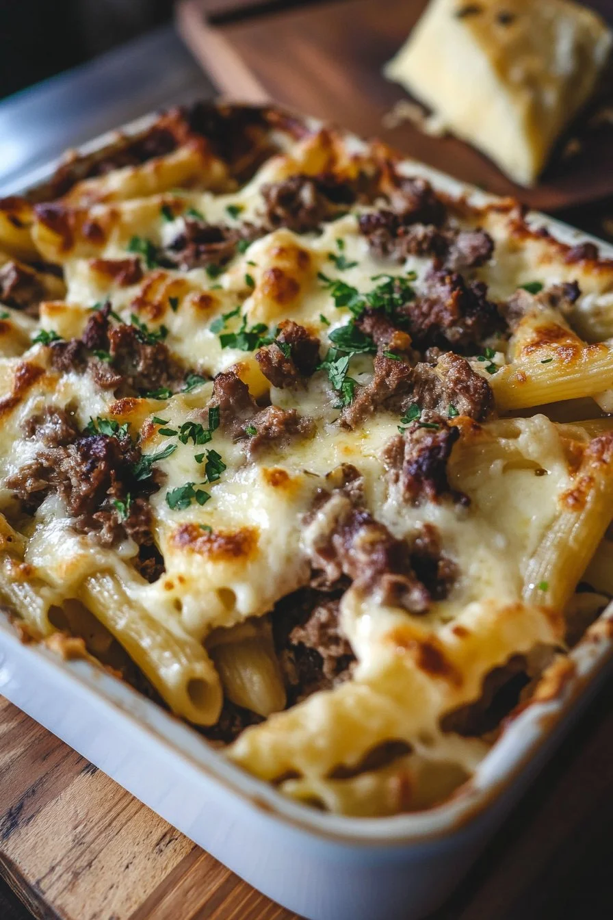 Kremowa zapiekanka z makaronem Alfredo z jelenia