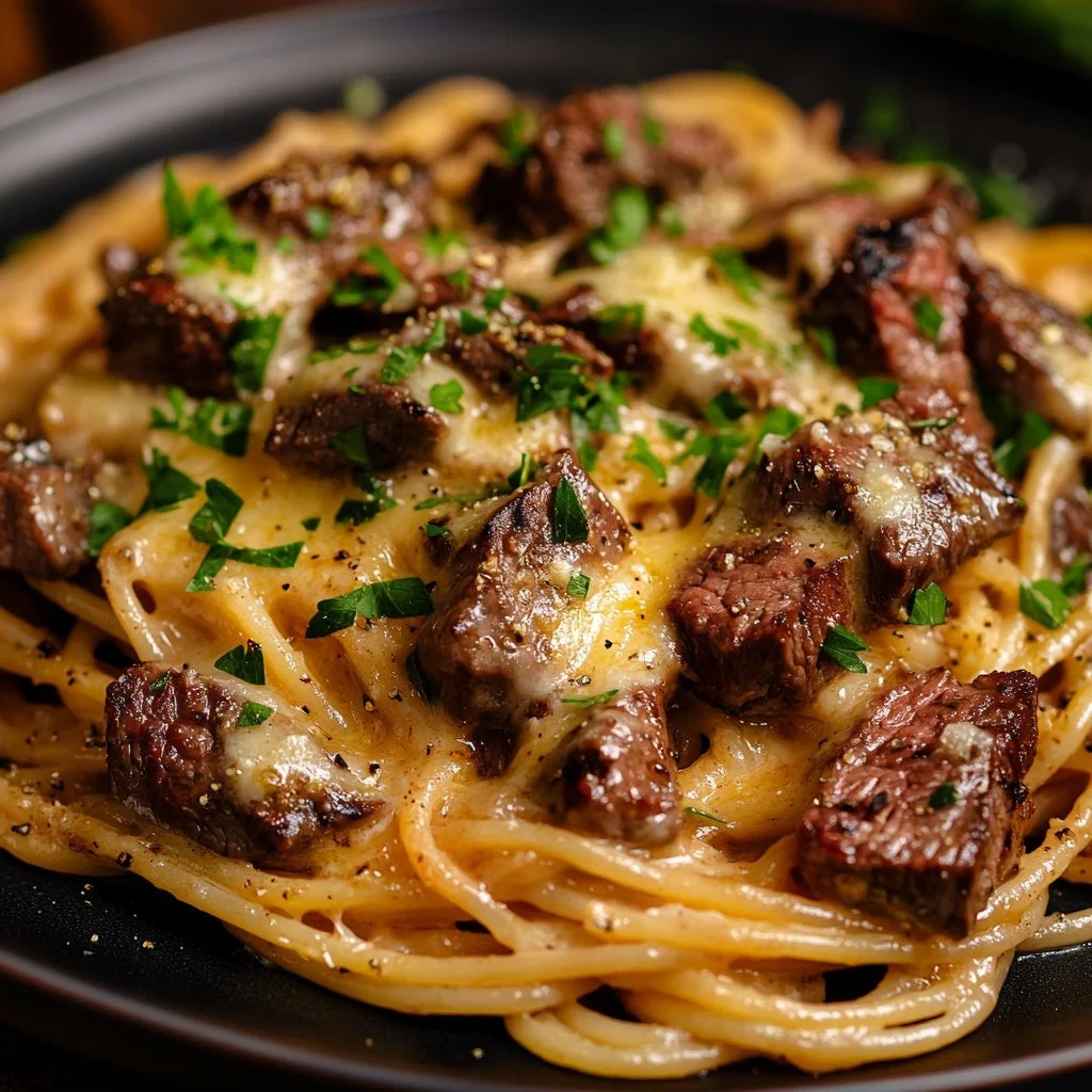 Kremowe linguine z krowim masłem, wołowiną i szpinakiem na talerzu