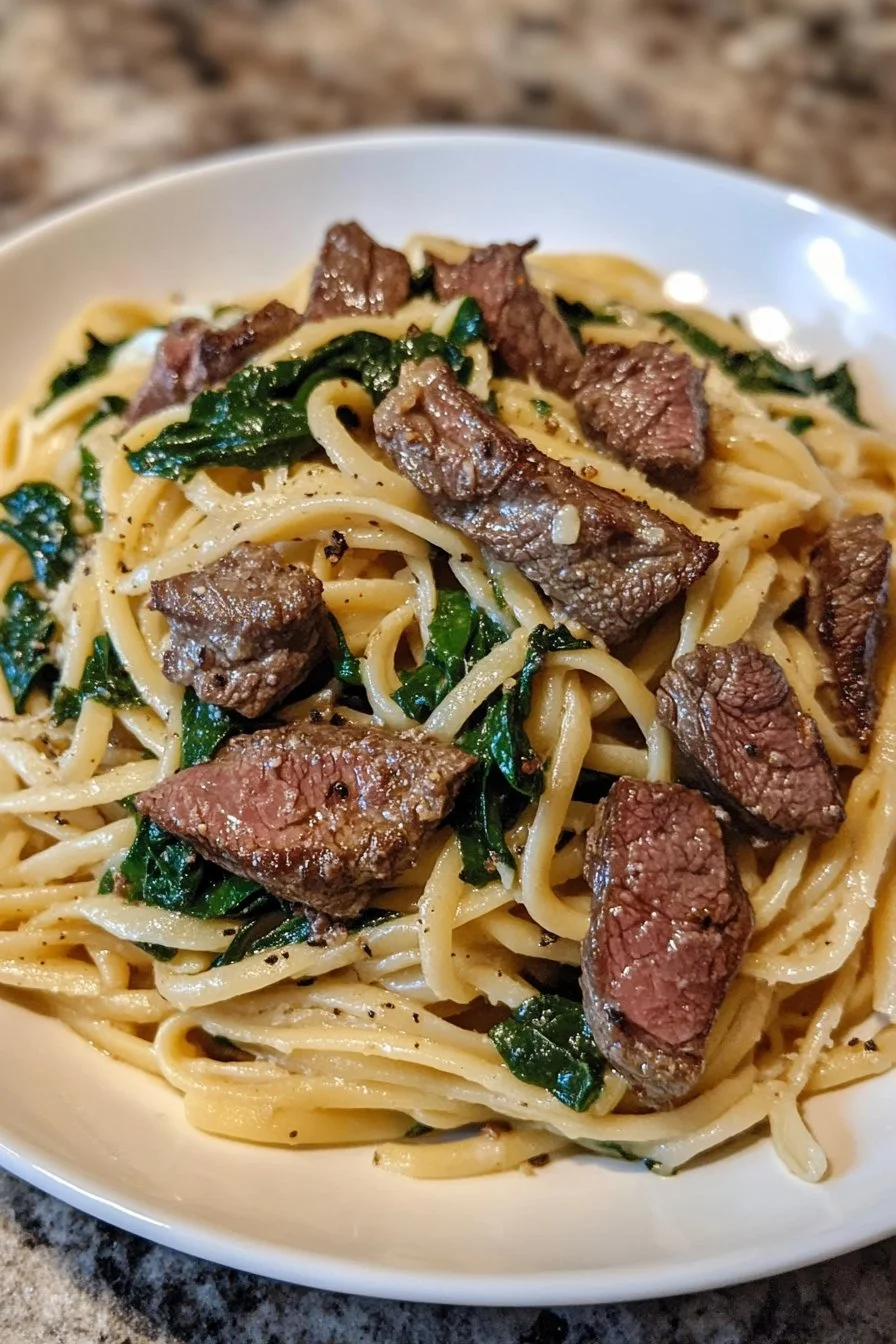 Kremowe linguine z krowim masłem, kawałkami steka i szpinakiem