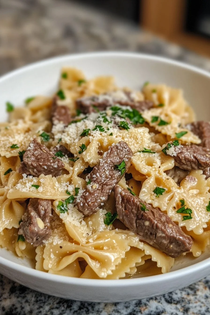 Kremowy makaron kokardki z wołowiną i parmezanem