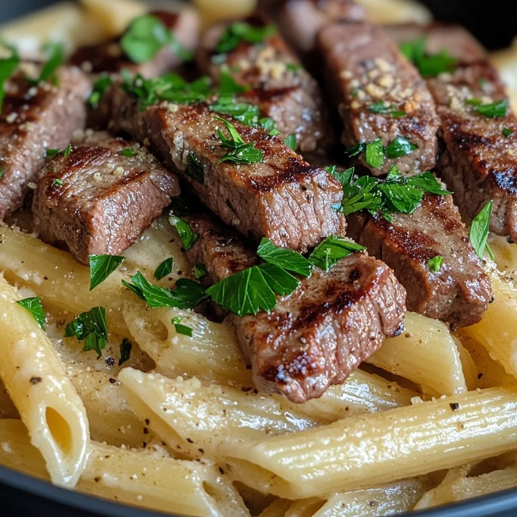 Kremowy makaron z czosnkiem, parmezanem i stekiem na talerzu
