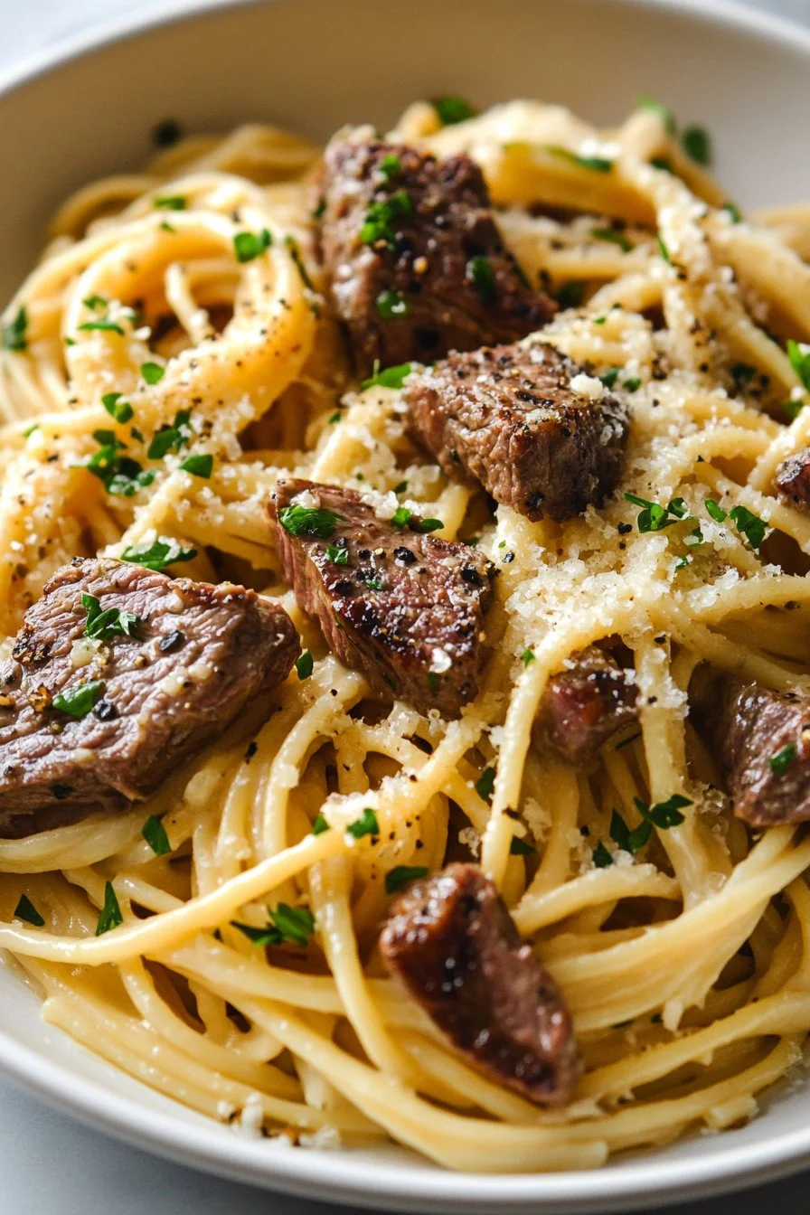 Kremowy makaron z czosnkiem i parmezanem ze stekiem