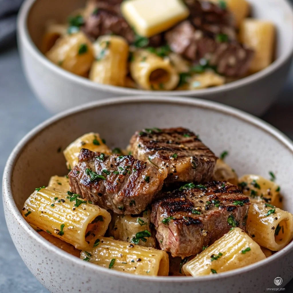 Kremowy rigatoni z masłem czosnkowym i wołowiną na talerzu