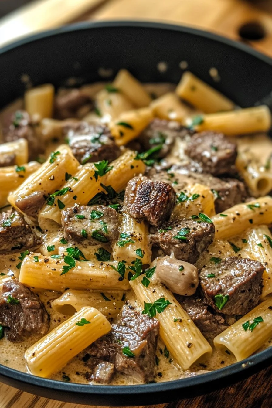 Kremowy Rigatoni z Masłem Czosnkowym i Wołowiną