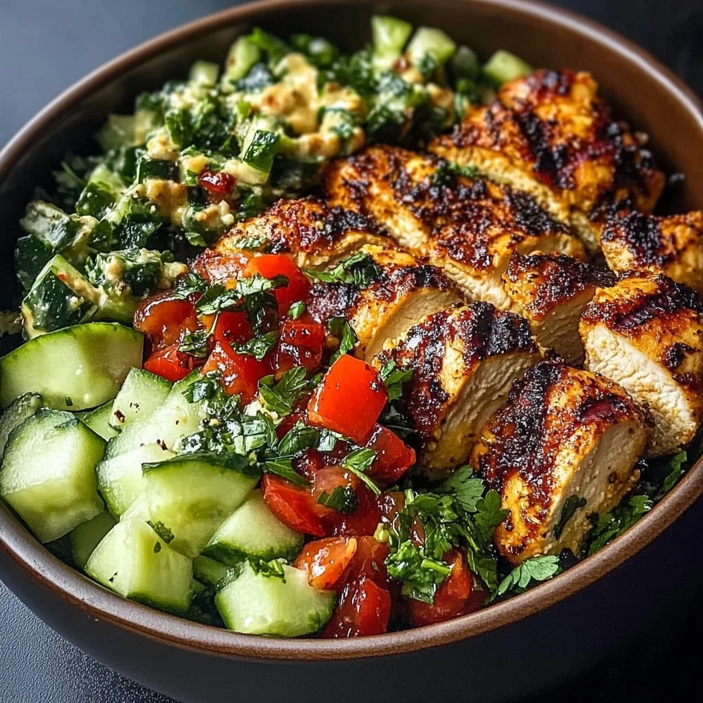 Kuleczki z grillowanym kurczakiem w cytrynowo-pikantnym sosie z świeżą sałatką z ogórków