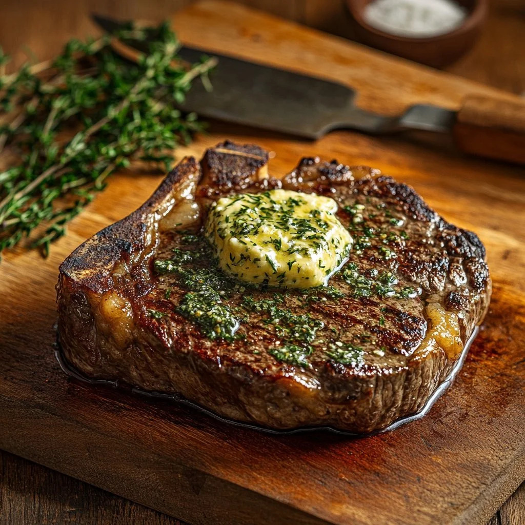 Pan smażony stek ribeye przygotowany z soczystego mięsa wołowego