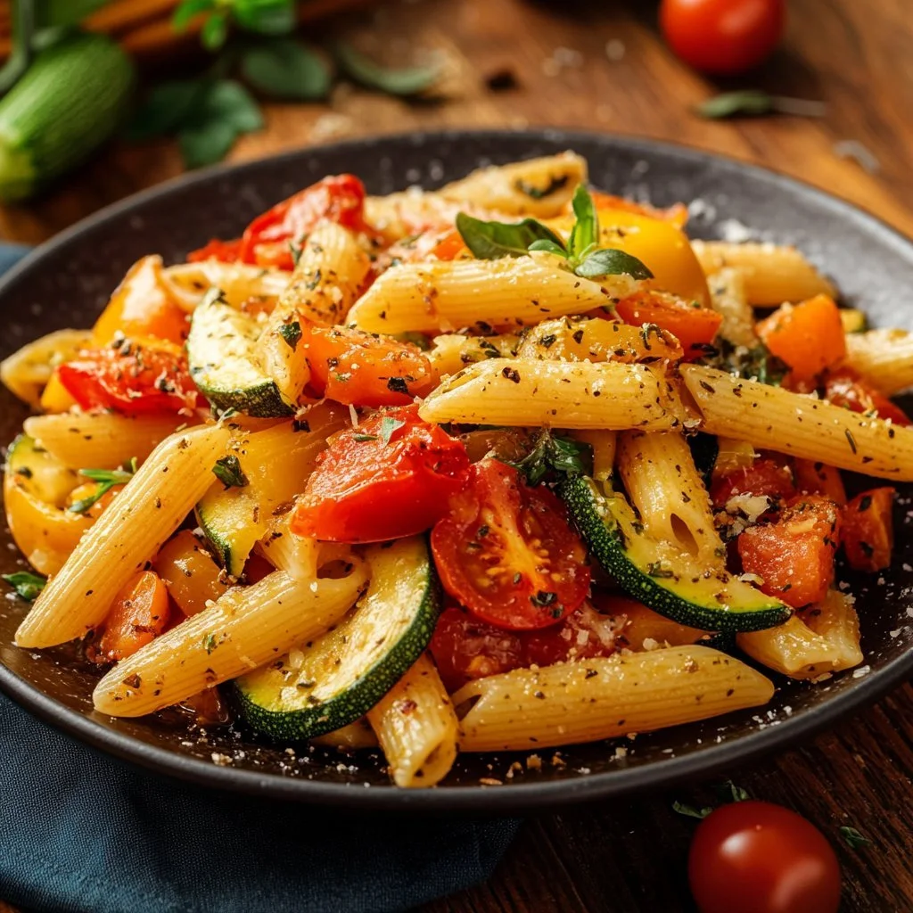 Pasta z pieczonymi warzywami na talerzu