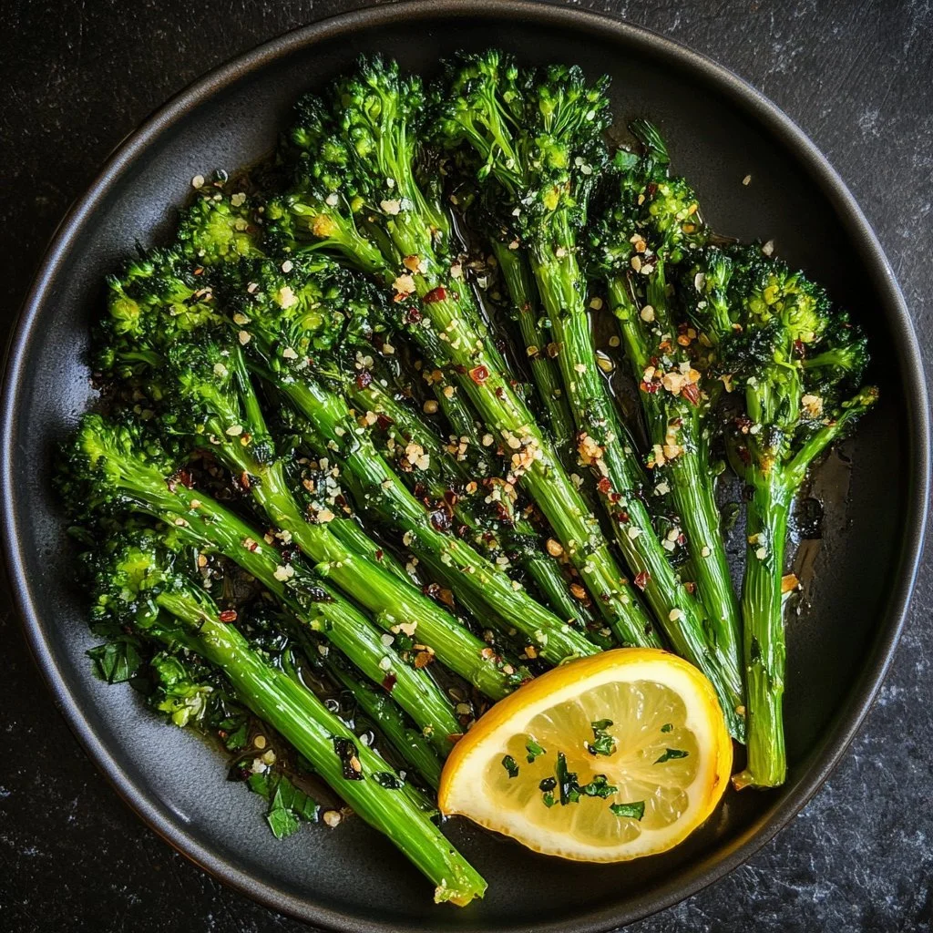 Pieczona broccolini na talerzu z przyprawami