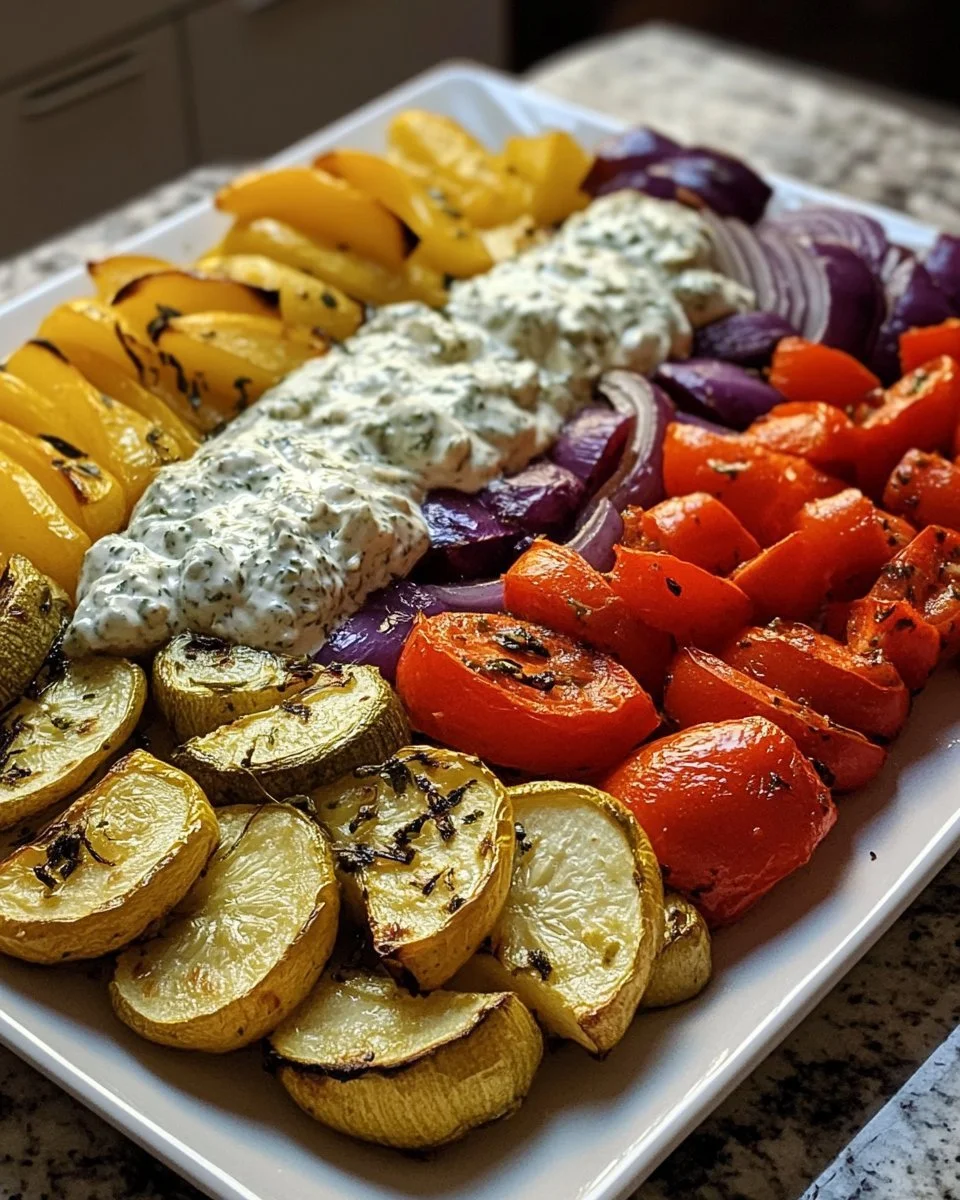 Pieczone warzywa serwowane z zimnym sosem tzatziki na talerzu.