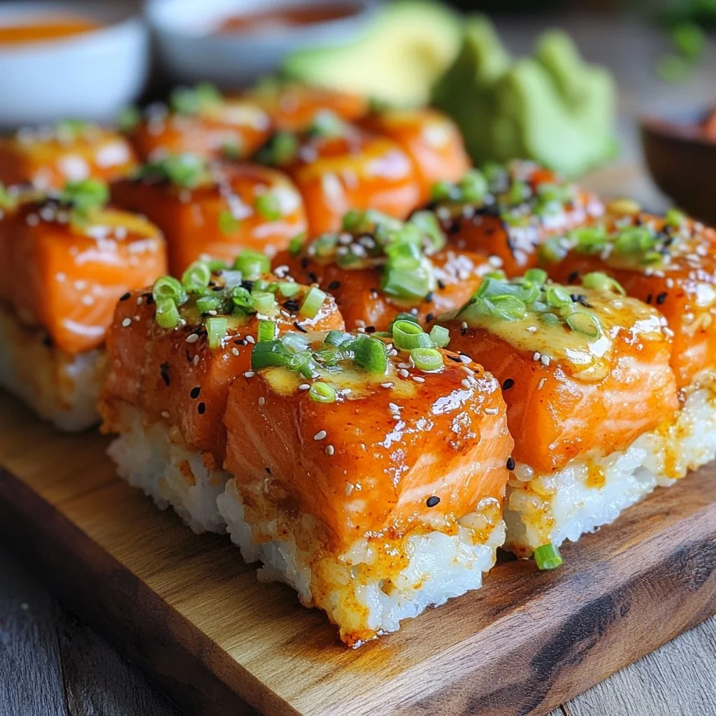 Pikantna zapiekanka z sushi z łososiem na talerzu, pełna smaków i aromatów.