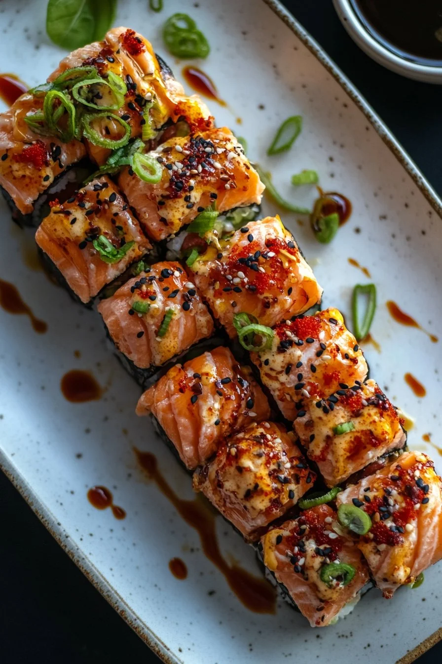 Pikantna zapiekanka z sushi z łososiem