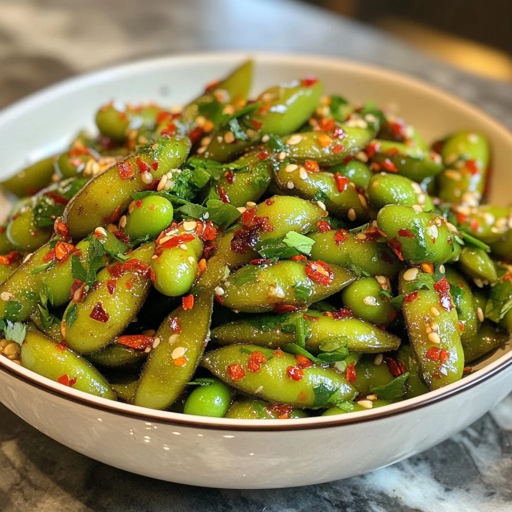 Pikantne edamame z czosnkiem podane na talerzu.