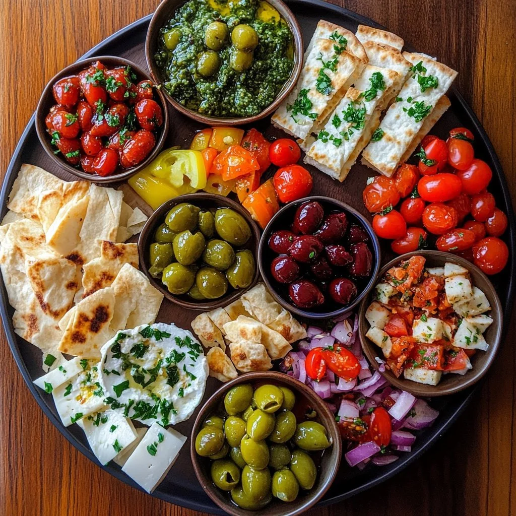 Platter mezze śródziemnomorskie z różnorodnymi przystawkami i smakami.