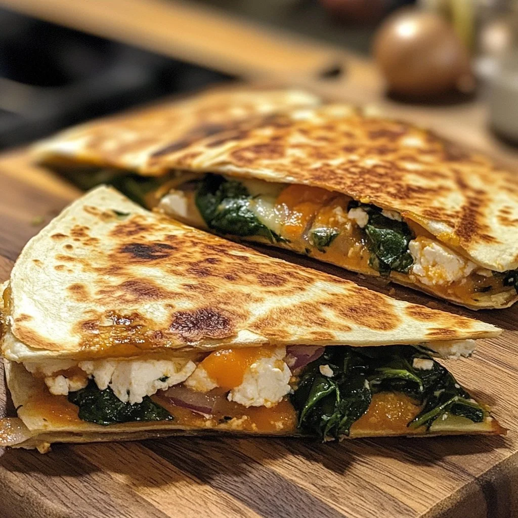 Quesadillas śródziemnomorskie ze szpinakiem, fetą i czerwoną cebulą na talerzu.