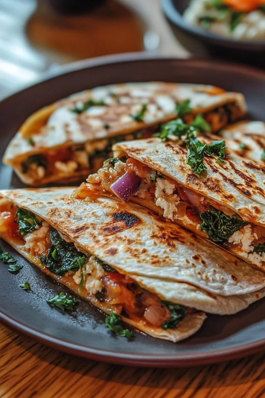 Quesadillas śródziemnomorskie ze szpinakiem, fetą, mozzarellą i czerwoną cebulą