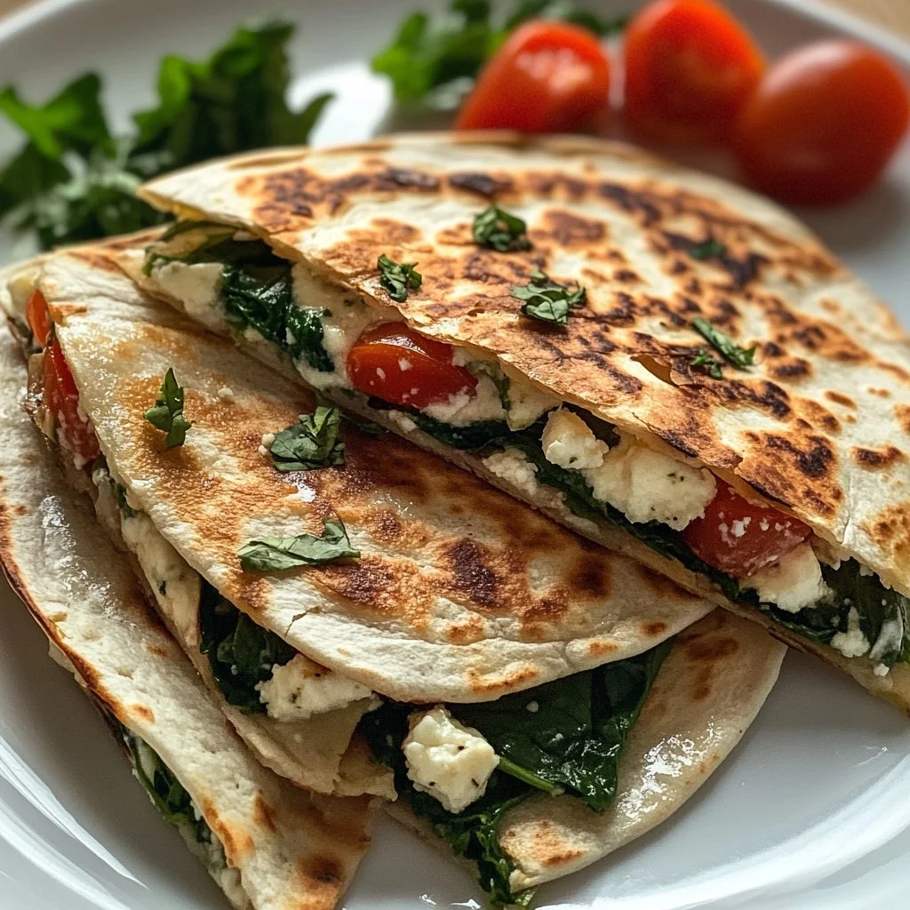 Quesadillas ze szpinakiem i fetą na talerzu