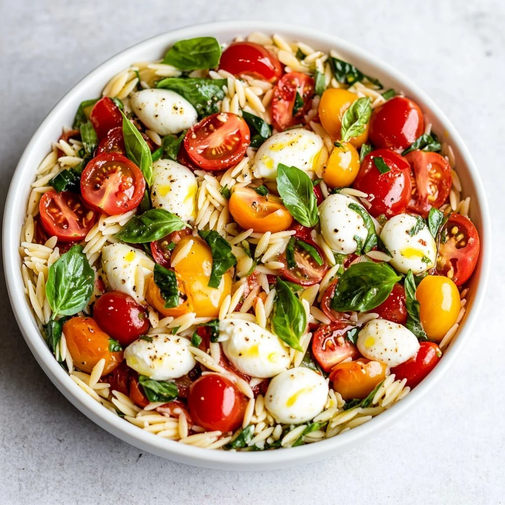 Sałatka makaronowa Caprese z orzo z pomidorami i bazylią